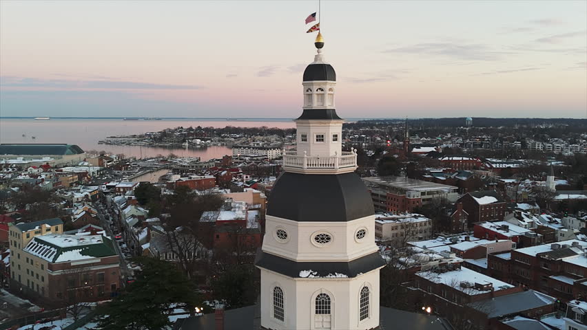 Maryland State House - State Capitol Building Of Annapolis in Maryland, USA. -aerial pullback shot