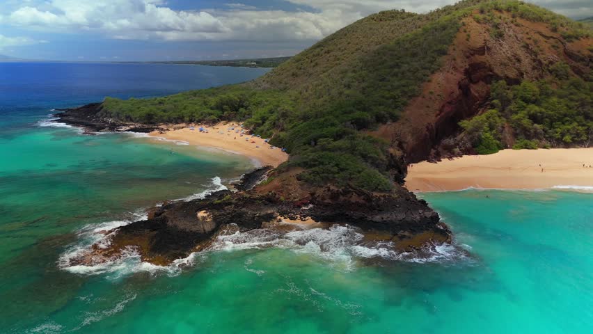 Aerial view of Makena state park, big beach and little beach in Maui, Hawaii
