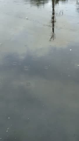 Close-up view of rain droplets falling on a lake surface creating ripples.sstkVertical