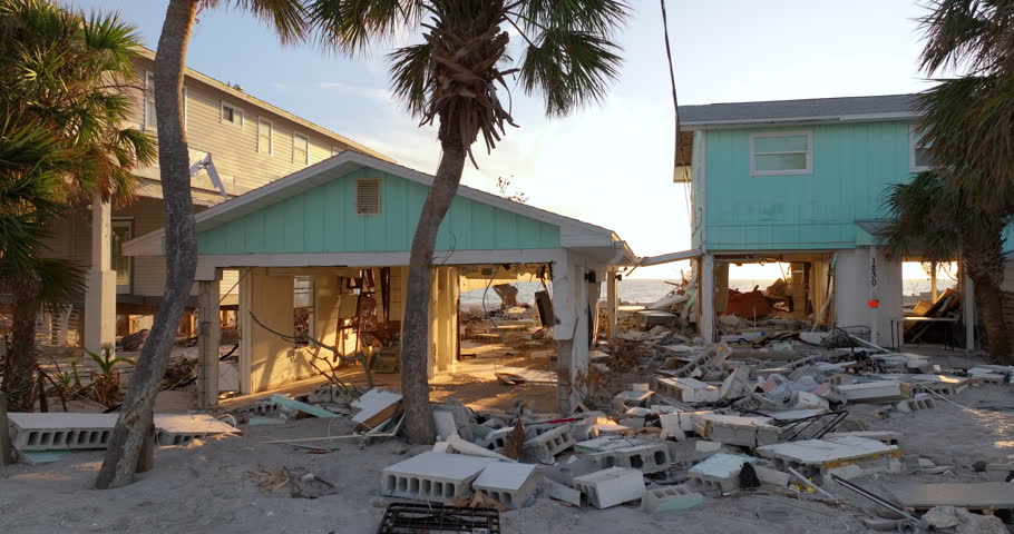 Destroyed house on ocean shore. Hurricane Milton consequences on Manasota Key, Florida. Storm surge severe damage.