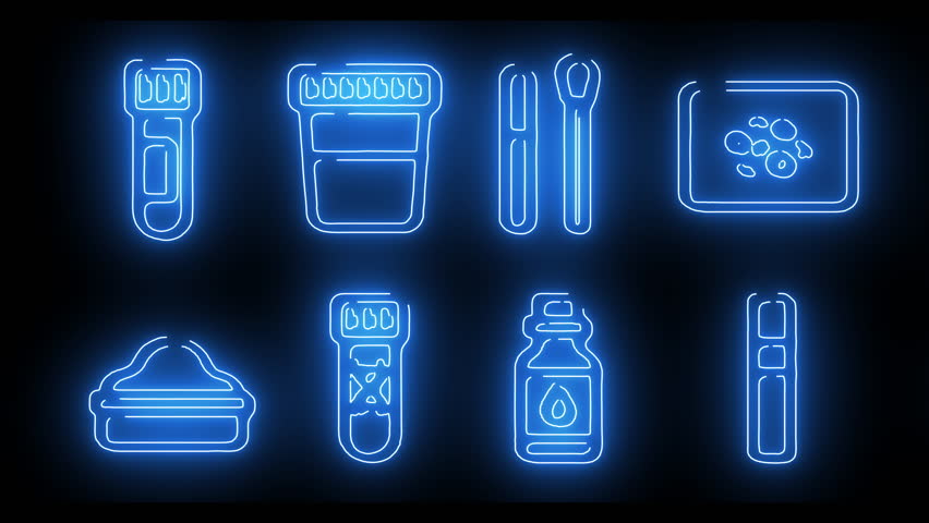 Animated blue neon icons of bathroom tools including electric razors, toothbrushes, grooming kits, and related items.	