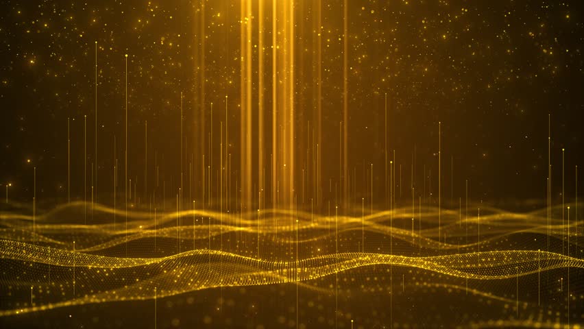 Beautiful luxury light sparkling particles blinking stage Glitter Light Beams Gold Slow Motion Glamour, Christmas, Celebration, Luminous ground. Events, celebrations, awards. Light Streaks luxury dust