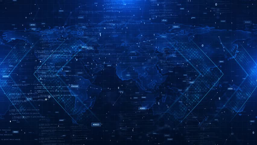 Futuristic Digital World Map Background animation, users worldwide connection. Global social media network web 3.0 Banking payment blockchain technology Technology, digital interface information cyber