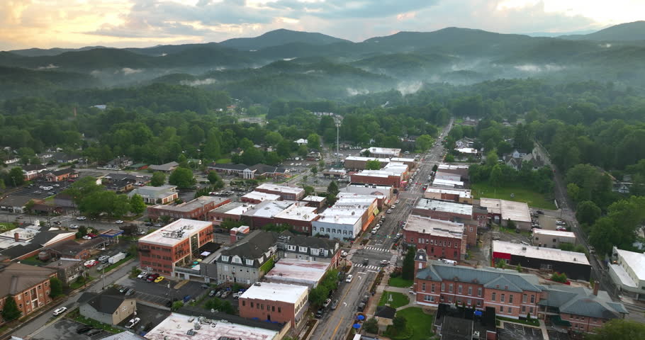 Historic townscape of Brevard in Appalachian Mountains. Traditional American architecture and narrow streets in Transylvania County, NC.