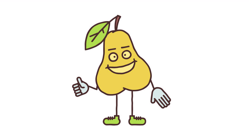 Pear character shows thumbs up and smiling. Transparent background. Looped animation