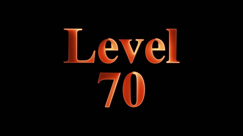Level 70 text animation by yellow color neon mask glow on black background.