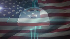 upon flag sweeping padlock with Capitol dome fading and social icons sliding visualizing growth. Security, cybersecurity, digital, technology, patriotism, connectivity, innovation - Powered by Shutterstock - Get 15% off with code: PIKWIZARD15