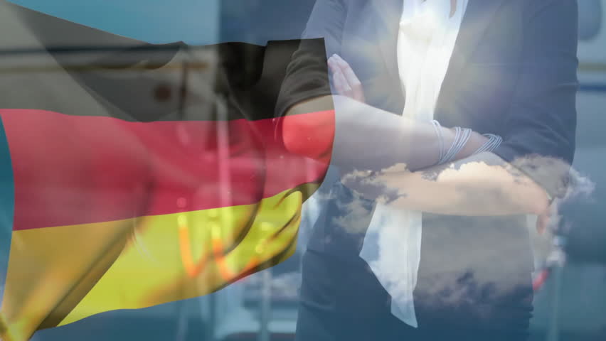 German flag fading over apron while airline pilot unveiling confident pose and sunbeam highlighting. Patriotism, aviation, professionalism, modern, empowerment, resilience, corporate