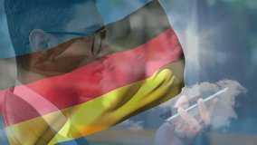 Professional raising smartphone and speaking in technology demo, animating German flag and clouds. Innovation, communication, technology, corporate, modern, connectivity, digital - Powered by Shutterstock - Get 15% off with code: PIKWIZARD15