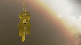 Entering frame, gold house keychain rotating clockwise, sun rising and flag rippling, for demo. Luxury, patriotic, inspiring, metallic, symbolic, outdoor, dynamic - Powered by Shutterstock - Get 15% off with code: PIKWIZARD15