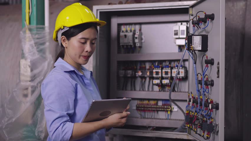 Asian female electrician or factory worker using laptop checking on electric system in construction site Woman set up for quality control, maintenance or repairing broken part. - Powered by Shutterstock - Get 15% off with code: PIKWIZARD15