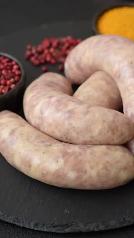 Raw meat sausages made from beef or pork, fresh meat for barbecuing or grilling. Raw sausages as a background for your design