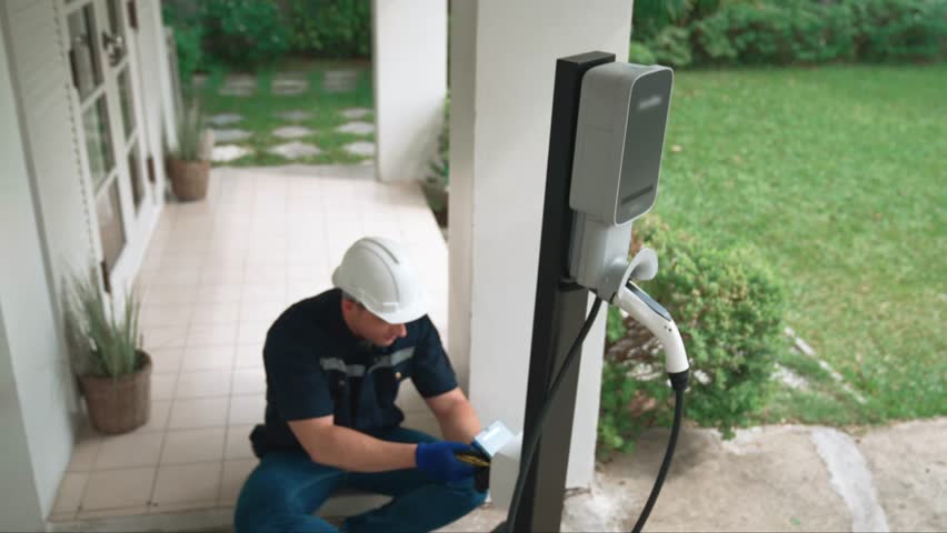 Qualified technician install home EV charging station, providing maintenance service for electric vehicle