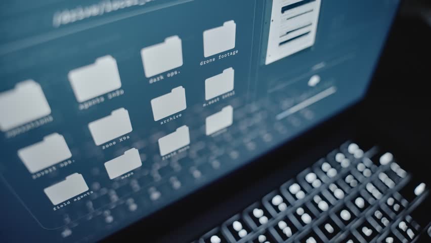 Close up laptop computer screen - secret files and folders uploaded to cloud. Remote access of government agency site or data archive. Hacking system and stealing classified information in data breach