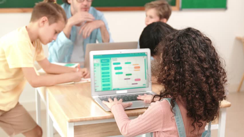 American student turn around and looking at camera in STEM technology class while group of diverse smart student and teacher doing mind mapping. Smart child learning coding software program. Pedagogy. - Powered by Shutterstock - Get 15% off with code: PIKWIZARD15