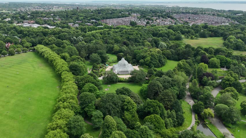 Aerial view of the Palm House in Sefton Park in Liverpool, England.