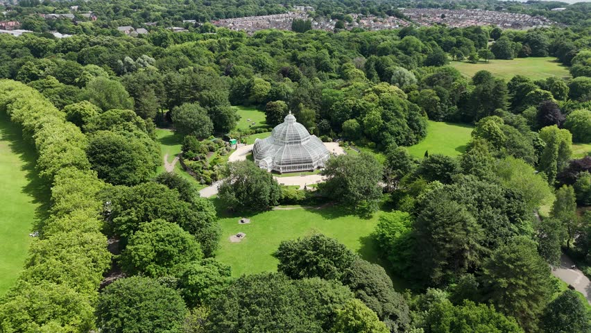 Aerial view of the Palm House in Sefton Park in Liverpool, England.