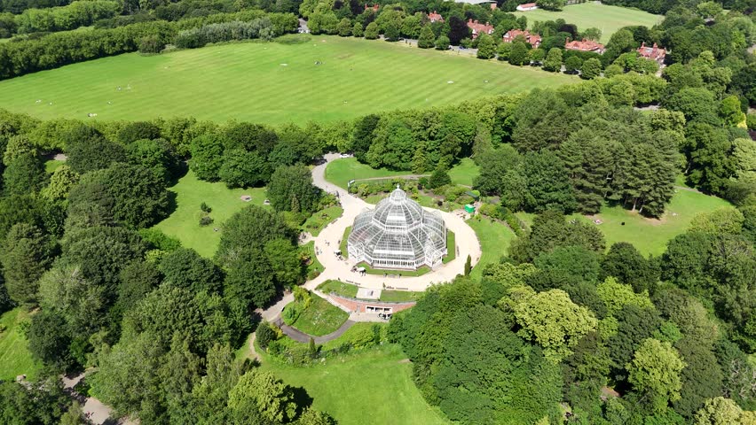 Aerial view of the Palm House in Sefton Park in Liverpool, England.
