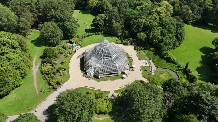 Aerial view of the Palm House in Sefton Park in Liverpool, England.