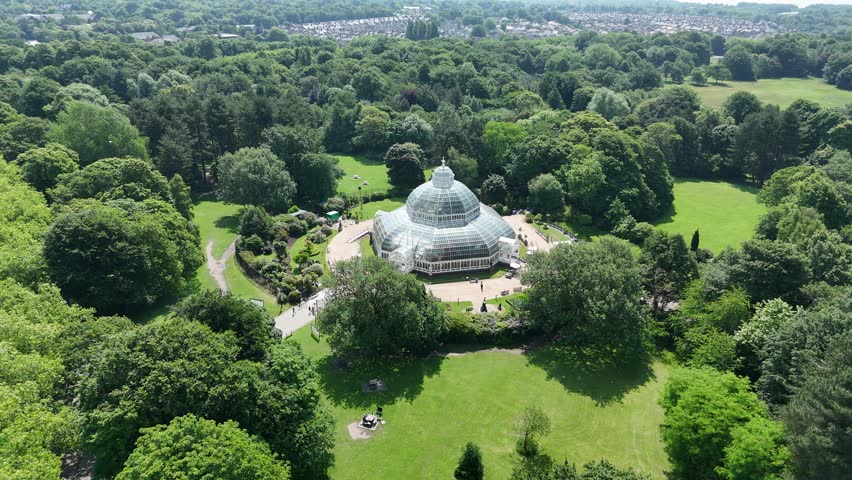 Aerial view of the Palm House in Sefton Park in Liverpool, England.