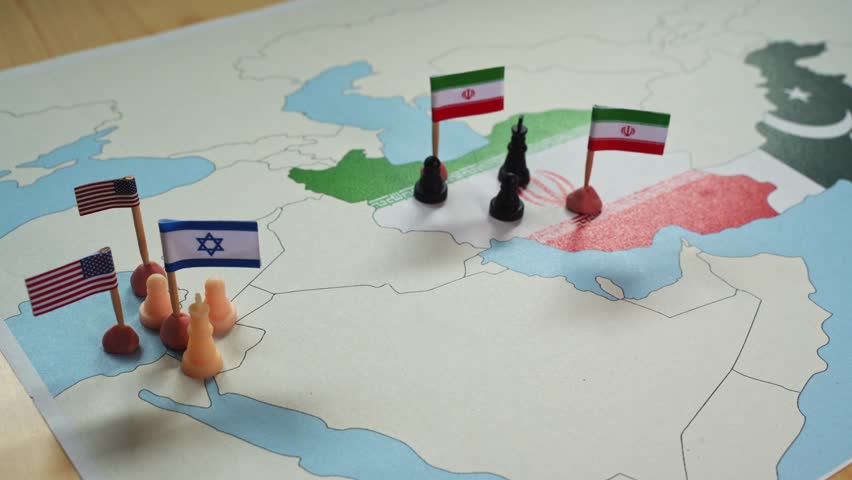 Chess pieces and flags on a map represent the geopolitical conflict between Iran and Israel, with the involvement of USA and other nations