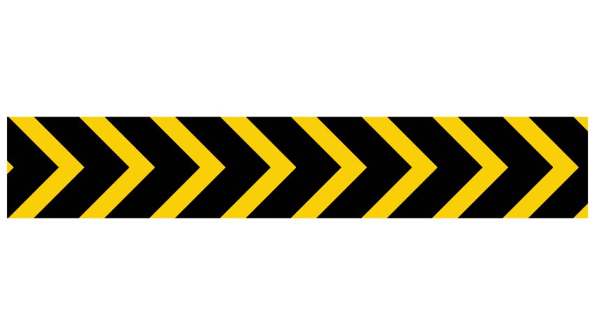 Seamless loop black and yellow chevron arrow stripe animation moving horizontally from left to right on white background. 4K animated for motion graphics, road signage, and visual navigation.
