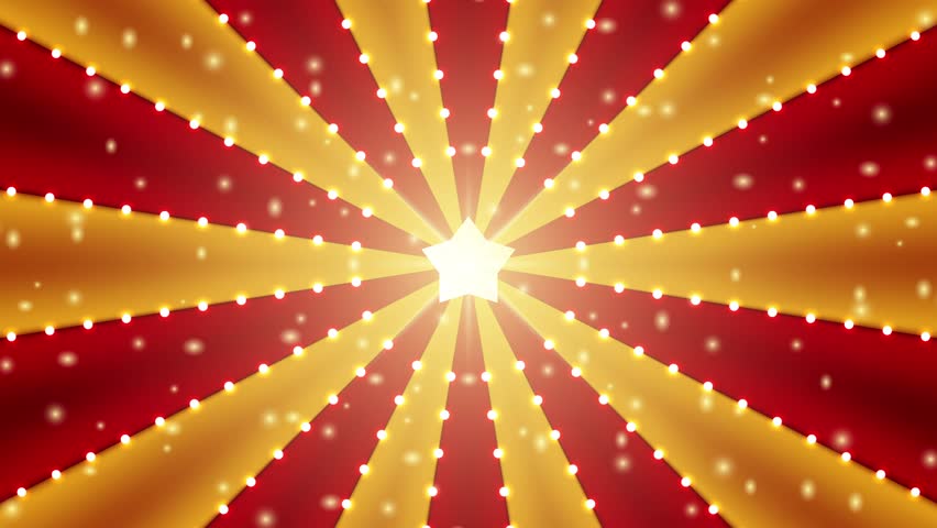 Circus animated rotation looped background of red and gold lines stripe with star constellations light bulbs tinsel. Retro motion graphic sun beam ray. Fun fair burst.
