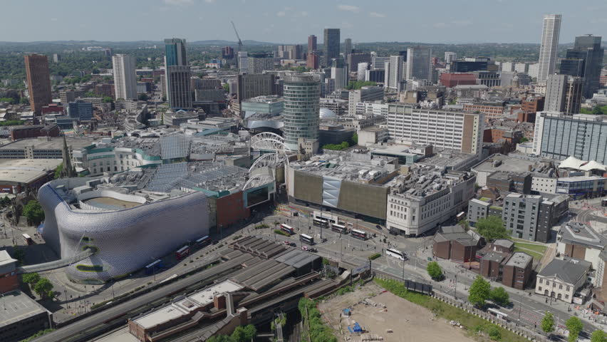 Establishing aerial view of the skyline of Birmingham, city in England, United Kingdom.