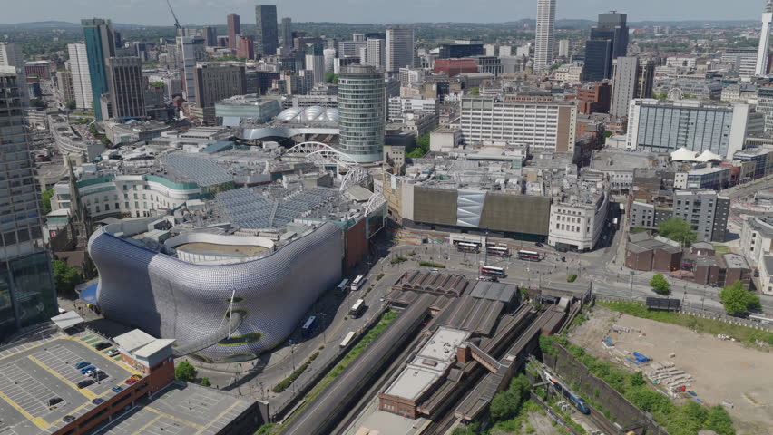 Establishing aerial view of the skyline of Birmingham, city in England, United Kingdom.