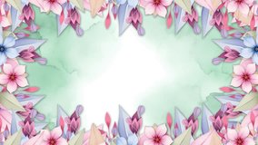  Elegant Watercolor Floral Frame with Pastel Flowers, Leaves, and Geometric Shapes on a Green Background Animated Decorative Border, Elegant floral border with pastel flowers and leaves surrounding - Powered by Shutterstock - Get 15% off with code: PIKWIZARD15