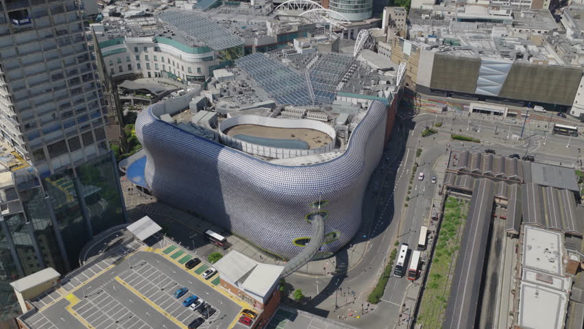 Establishing aerial view of the skyline of Birmingham, city in England, United Kingdom.