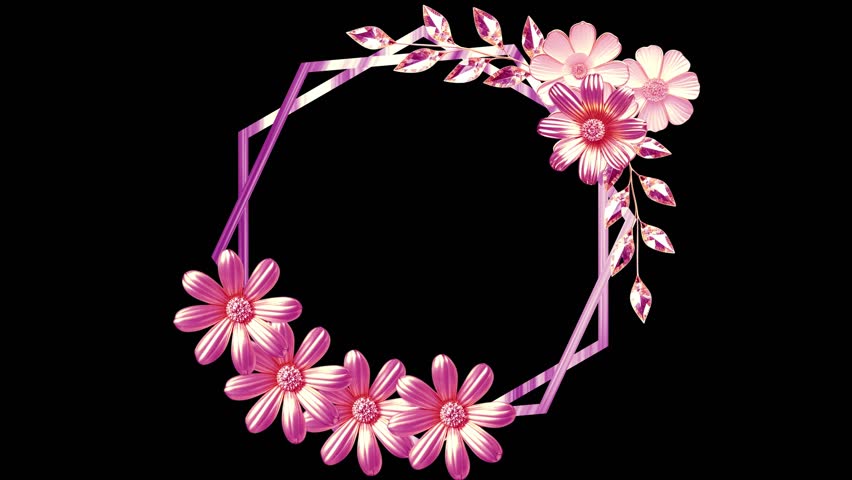  Beautiful Animated Pink Floral Hexagonal Frame with Sparkling Jewel Leaves and Shimmering Effect Elegant Video Overlay Background Element for , Elegant polygonal frame with Titles, Text, or Decoratio
