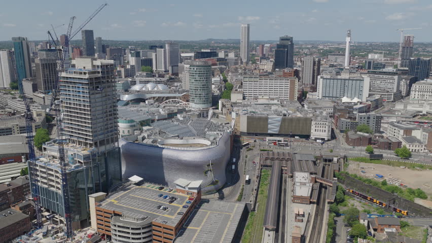 Establishing aerial view of the skyline of Birmingham, city in England, United Kingdom.
