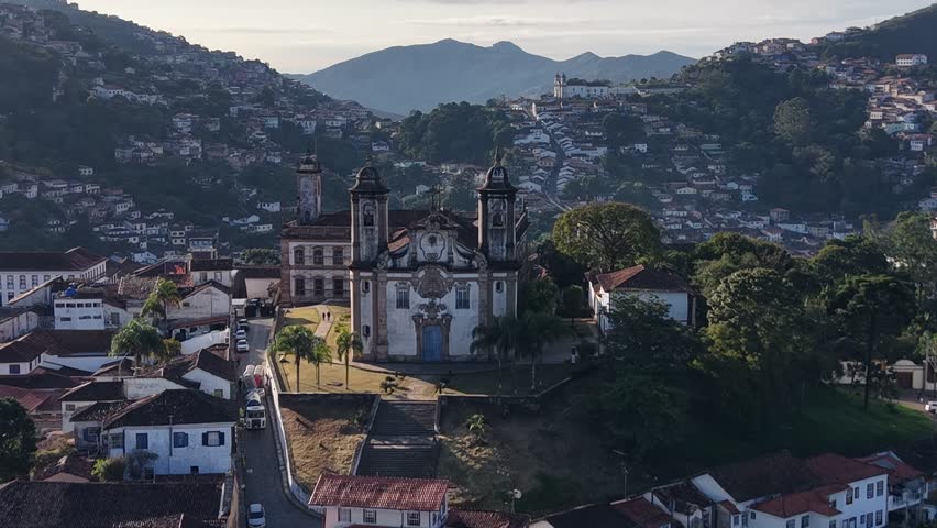 Aerial view of the historic center of Ouro Preto, Minas Gerais, Brazil - historic city founded in the 18th century during the Gold Cycle with houses of Portuguese colonial architecture 