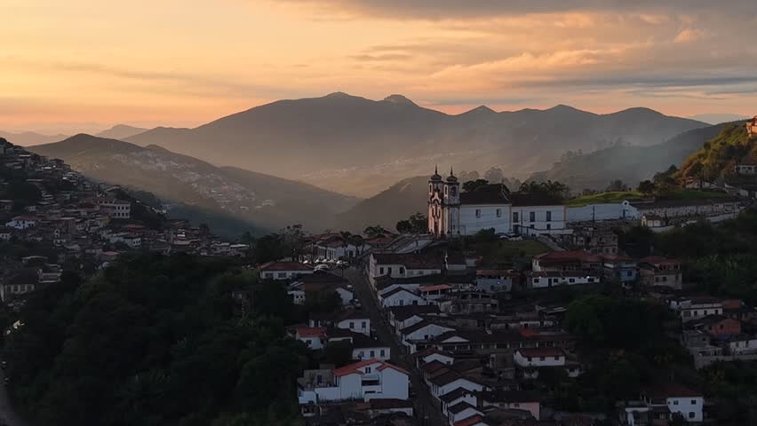 Aerial view of the historic center of Ouro Preto, Minas Gerais, Brazil - historic city founded in the 18th century during the Gold Cycle with houses of Portuguese colonial architecture 