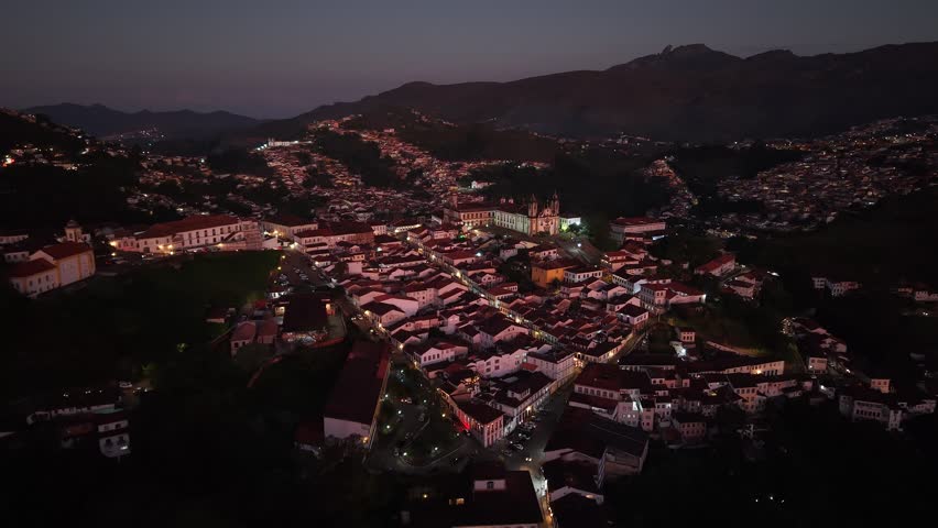 Aerial view of the historic center of Ouro Preto, Minas Gerais, Brazil - historic city founded in the 18th century during the Gold Cycle with houses of Portuguese colonial architecture 