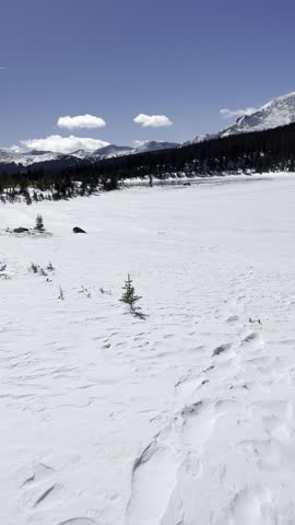 Sandbeach Lake, Colorado, Rocky Mountains, alpine, lake, mountains, forest, trail, hiking, nature, wilderness, national park, snow, winter, scenery, landscape, vertical, 4K, HDR, cinematic, clear, sky