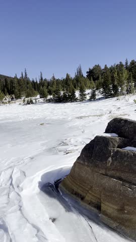 Sandbeach Lake, Colorado, Rocky Mountains, alpine, lake, mountains, forest, trail, hiking, nature, wilderness, national park, snow, winter, scenery, landscape, vertical, 4K, HDR, cinematic, clear, sky
