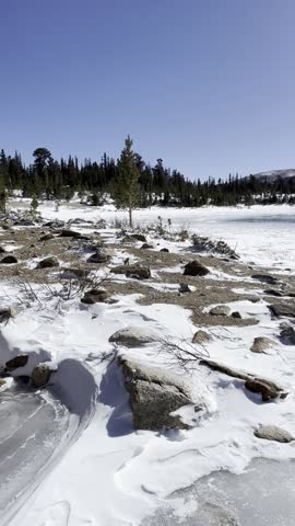 Sandbeach Lake, Colorado, Rocky Mountains, alpine, lake, mountains, forest, trail, hiking, nature, wilderness, national park, snow, winter, scenery, landscape, vertical, 4K, HDR, cinematic, clear, sky