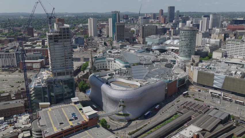 Establishing aerial view of the skyline of Birmingham, city in England, United Kingdom.
