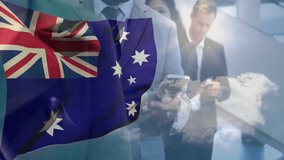 Australian flag waving while man in suit answering incoming call for business meeting on escalator. Patriotism, professionalism, communication, teamwork, modern, corporate, device - Powered by Shutterstock - Get 15% off with code: PIKWIZARD15
