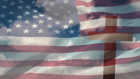 Breeze shifting, causing US flag rippling over cross with floating woman's face against cloudy sky. Patriotism, serenity, spirituality, symbolism, nature, reflection, tranquility - Powered by Shutterstock - Get 15% off with code: PIKWIZARD15
