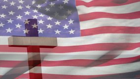 Starting with flag rippling over cross silhouette, revealing wooden cross perched on cliff edge. Symbol, patriotism, serenity, spirituality, landscape, inspiration, resilience - Powered by Shutterstock - Get 15% off with code: PIKWIZARD15