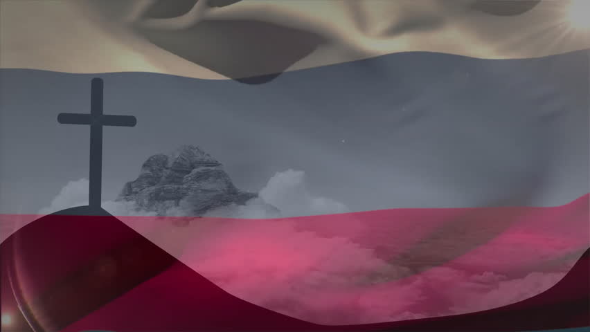 Tricolor flag fluttering before cross and mountain peak, driven by wind gust, revealing sun glare. Symbol, landscape, motion, spirituality, heritage, serenity, symbolism - Powered by Shutterstock - Get 15% off with code: PIKWIZARD15