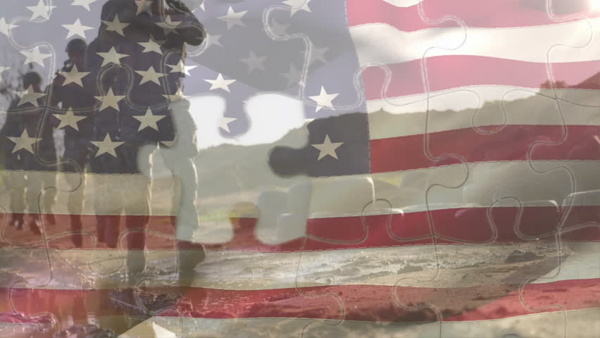 Hand placing puzzle piece revealing American flag, military unit running across desert for unity. Patriotism, teamwork, resilience, determination, unity, adventure, courage
