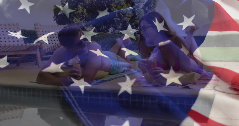 Translucent flag drifting across pool cueing couple lifting pink cocktails in advertising. Romance, leisure, summer, elegance, relaxation, outdoor, lifestyle