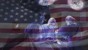 Surgeon confirming vitals starting incision while team suturing under semi-transparent flag overlay. Medical, healthcare, professionalism, clinical, precision, teamwork, sterile - Powered by Shutterstock - Get 15% off with code: PIKWIZARD15