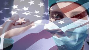 Female surgeon bringing hand donning sterile glove for patient care with waving US flag overlay. Medical, healthcare, professionalism, precision, safety, patriotism, modern - Powered by Shutterstock - Get 15% off with code: PIKWIZARD15