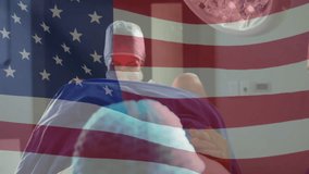 Opening with US flag overlay showing surgeon inspecting legs for medical examination under lamp. Medical, healthcare, professionalism, patriotism, sterile, clinical, surgical - Powered by Shutterstock - Get 15% off with code: PIKWIZARD15