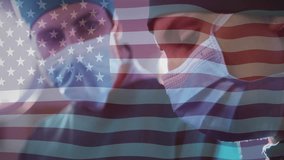 Surgeons initiating operation under operating lights and activating animated US flag overlay rising. Medical professionals, healthcare, teamwork, patriotism, clinical, resilience, hospital - Powered by Shutterstock - Get 15% off with code: PIKWIZARD15